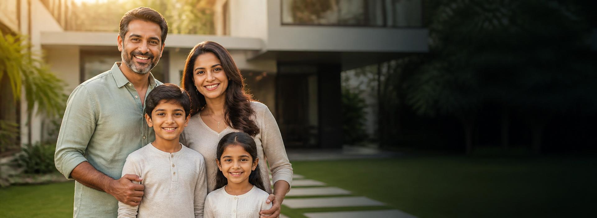 Indian family standing in front of a modern home