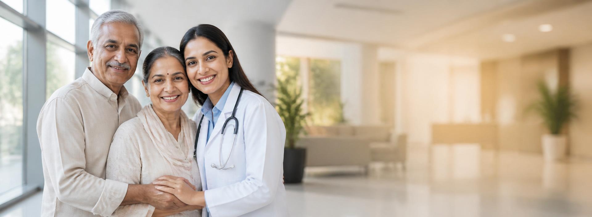 Senior Indian couple with a doctor in a modern hospital